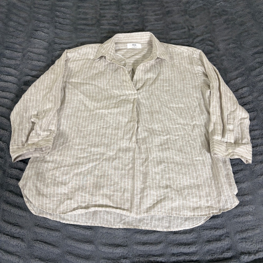 Uniqlo Womens 100% Linen Striped V-Neck Tunic Blouse Beige White M 483872